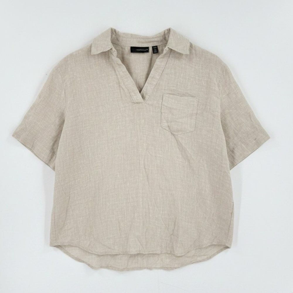 Rafaella 100% Linen Pullover Blouse Split Neck Pocket Woven Beige‎ Size LP